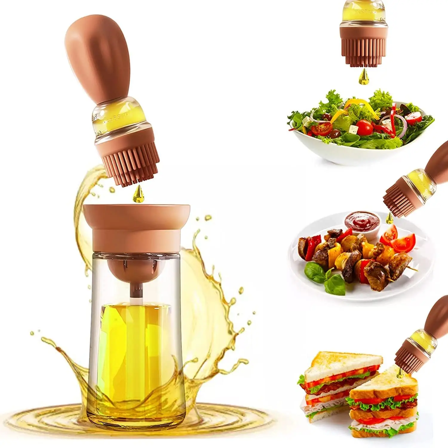 Oil Dispenser with Silicone Brush 2 IN 1 Glass Olive Bottle for Kitchen Cooking Frying Baking BBQ Pancake Air Fryer