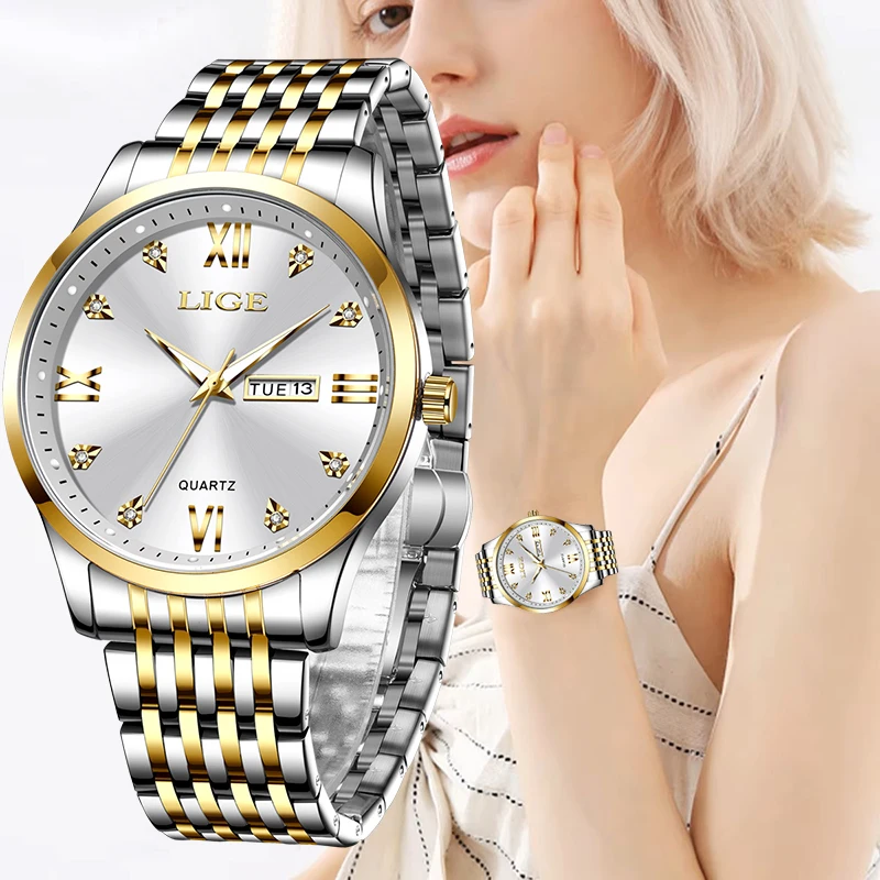 

Новые женские водонепроницаемые часы LIGE, модные деловые часы с бриллиантовым браслетом для женщин, простые повседневные светящиеся кварцевые часы с хронографом