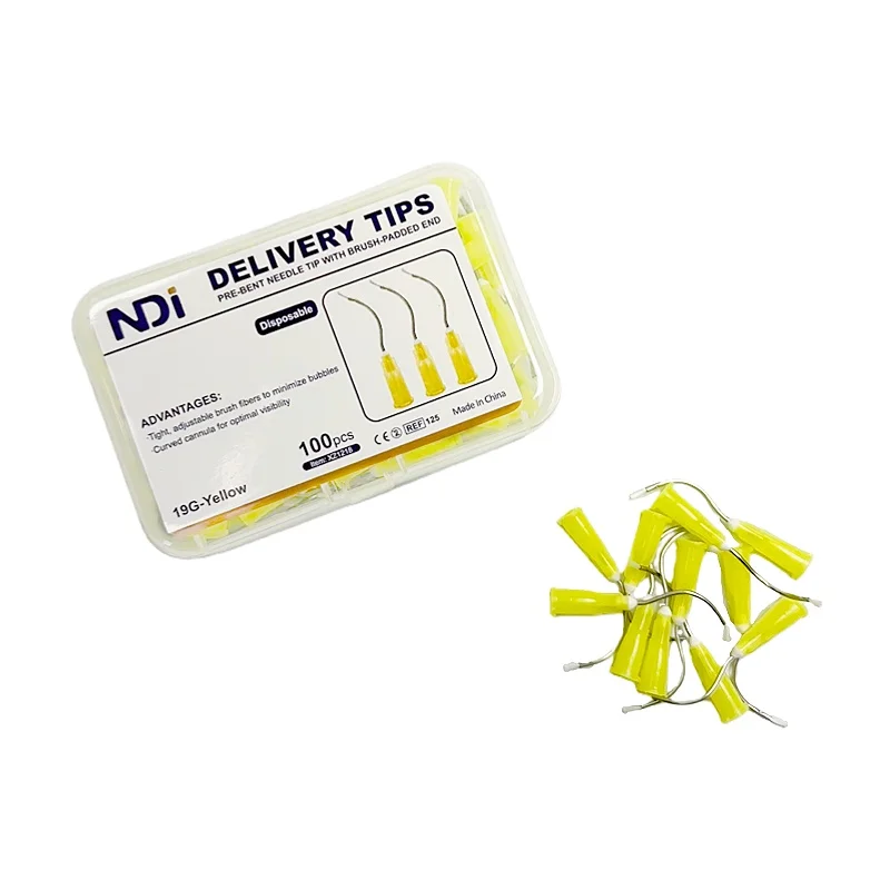 100pcs Dental Disposable Metal Infusor Yellow Tip With Brush Padded Dental Irrigation Pre Bent Needle Tips Tooth Cleaning Tools