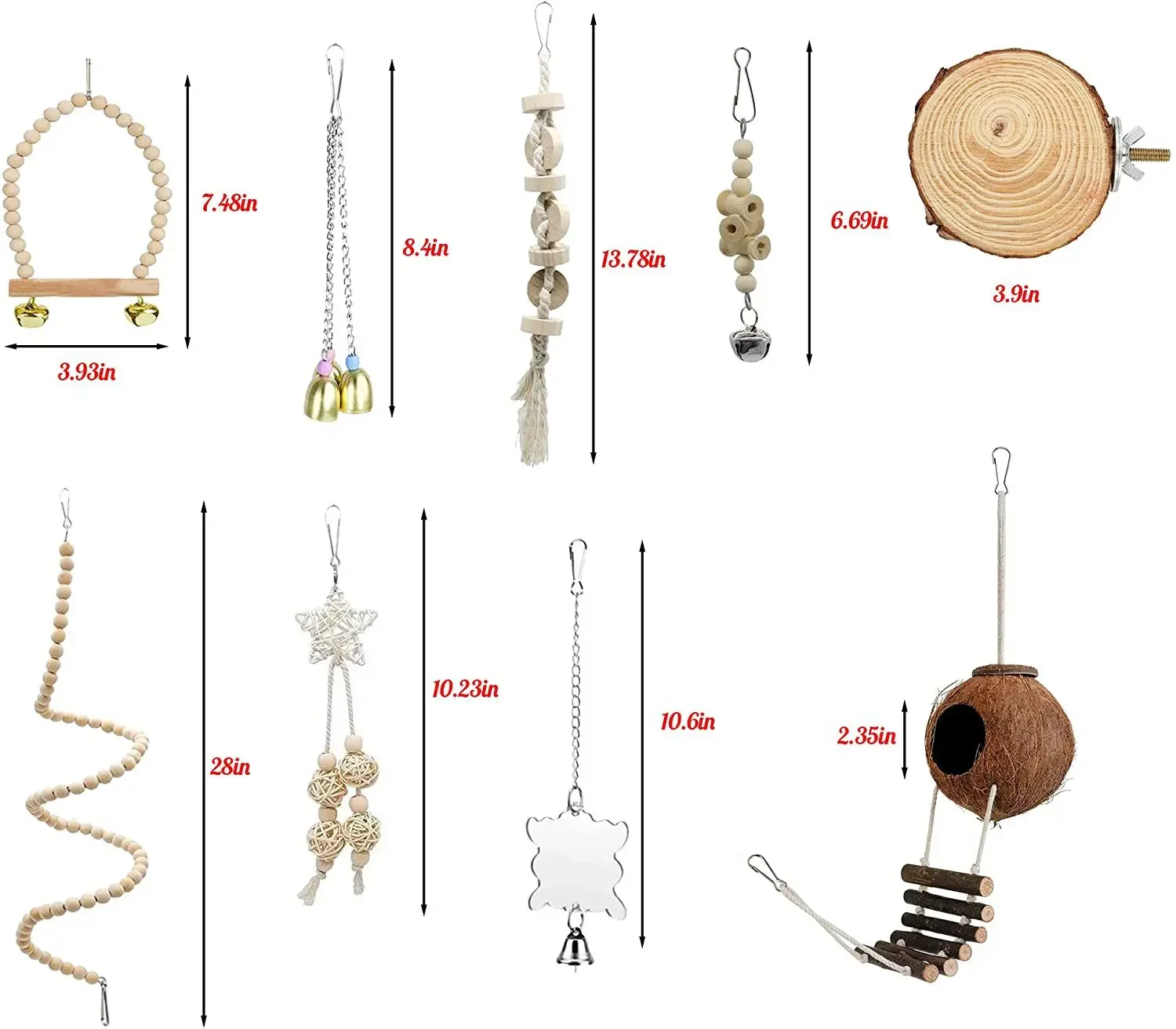 木製オウムのおもちゃセット,鳥かごと消耗品,ココナッツの巣のプラットフォーム,階段を振る,噛むトレーニングおもちゃ,9個