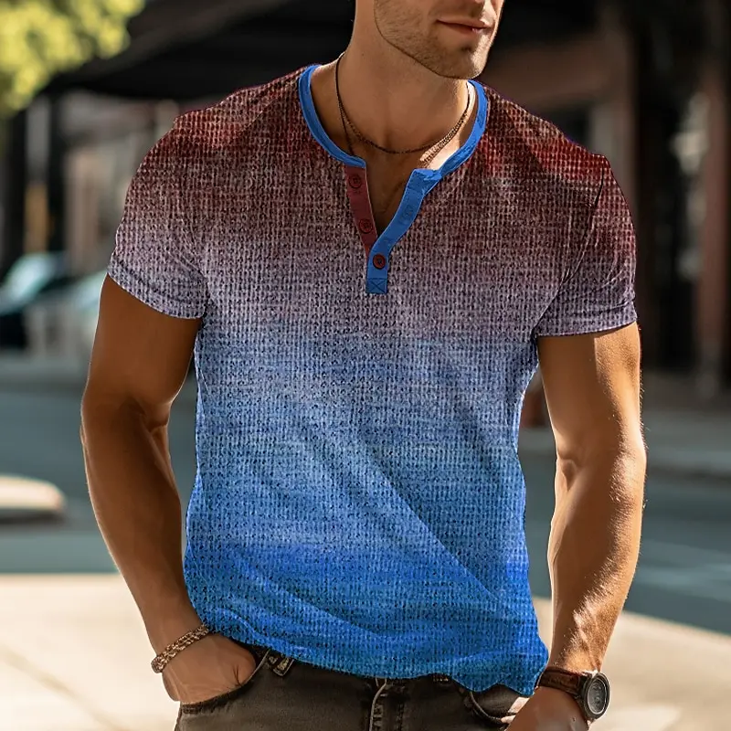 Summer Gradient 3D Printed Henley Shirts Men\'s Fashion Vintage Oversized Button Short Sleeve T Shirt Male Tees Tops Man Clothing