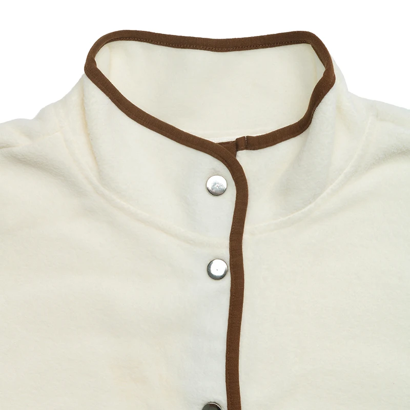 Women's White Stand Collar Jacket with Brown Contrast Trim Button Front Flap Pockets Autumn Casual Fashion Loose Fit