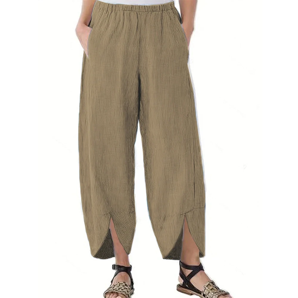 Plus Size 2024 Fall New Women's Elastic Waist Wide Leg Pants Loose Casual Solid Color Nine Minute Pants