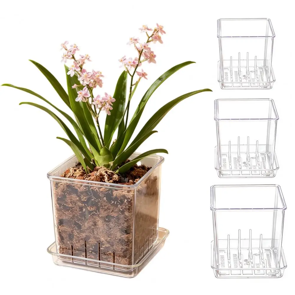 Square Clear Flower Pots With Trays Ventilated Drainage Holes Orchid Plant Grow Pot Root Control Pot Thickened Plastic
