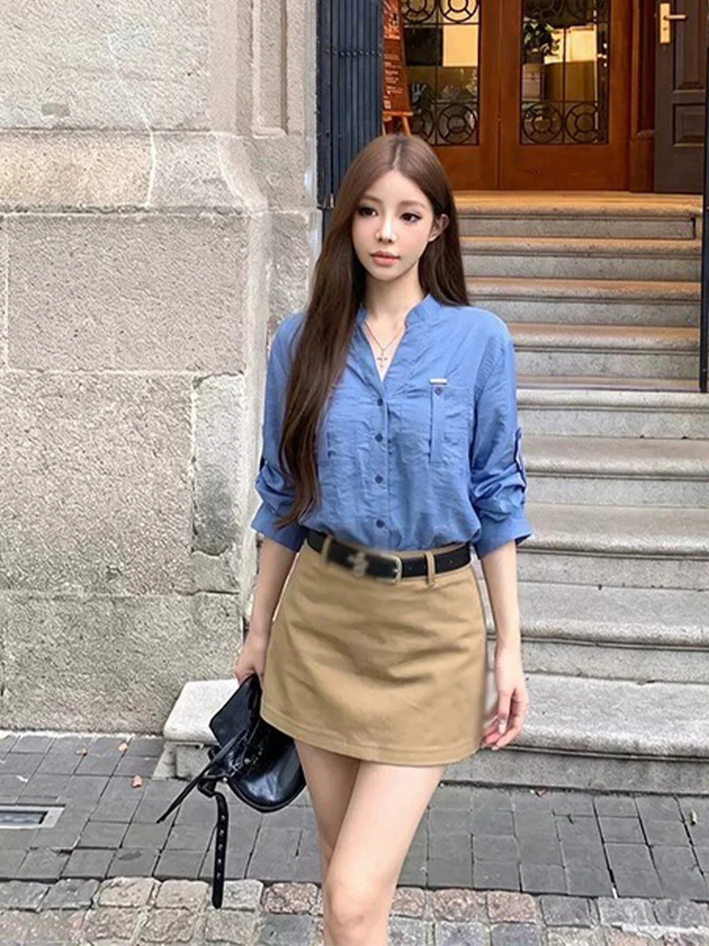 Klein Blue Long Sleeve Shirt Set Women's Early Autumn High Sensation Loose Sun Protection Khaki Short Skirt Fashion Set