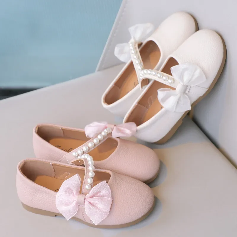 

Girls Pearls Leather Shoes for Party Wedding Children Elegant Princess Shoes with Bow-knot Kids Flats Mary Janes Shoes Round-toe