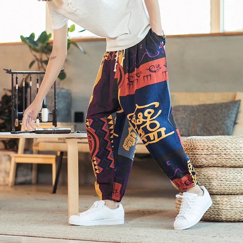 

Chinese Ethnic Style Printed Haren Pants Men Spring Summer Thin Cotton Linen Casual Trousers Vintage Fashion Lantern Pants Beach