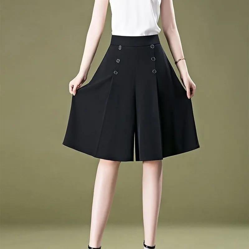 Office Lady High Waist Elastic Shorts Skirts Summer Solid Color Basic Female Clothing Stylish Button Loose Straight Knee Pants
