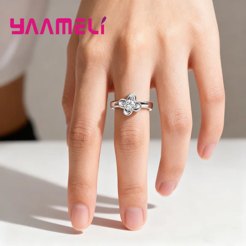 925 Sterling Silver Ring Shining Cubic Zircon Eternity Promise Jewelry for Woman Girlfriend Flower Austrian Crystal Bague