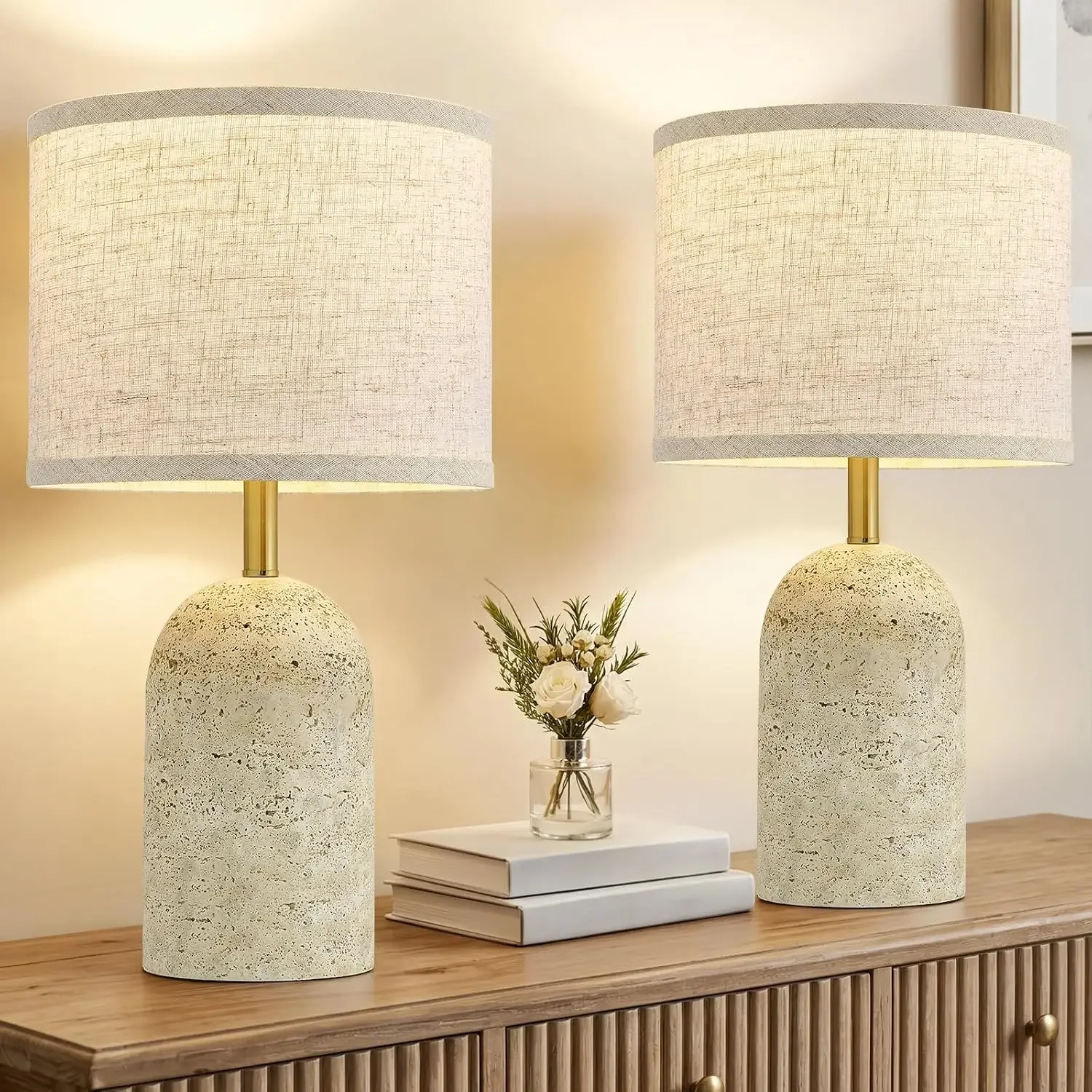 2-Piece Stone-Look Resin Table Lamps, 18" Bedside Lamps for Living Room, Bedroom, Nightstand, Home Office, Warm Lighting with Linen Shades