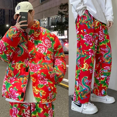 Winter Clothes For Men 2 Piece Set Puff Parka Long Pants Set Men Fashion Clothing Flower Printing Casual Outfits Chinese Style