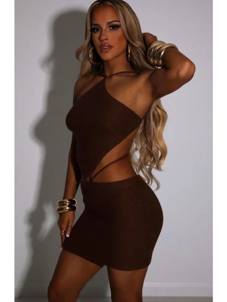 Articat Sexy Knitted Women Two Piece Set Hanging Collar Backless Vest CropTop Slim Fit Mini Skirt Set Charming Beach Party Suit