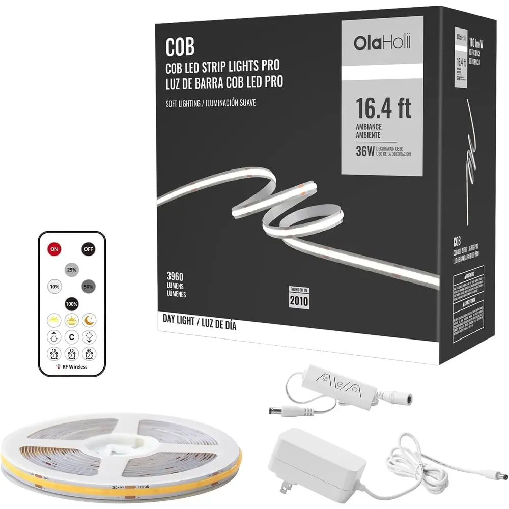 

6500K Daylight White COB LED Strip Light with Remote, 93+ CRI, Dimmable for Mirrors, Stairs, Cabinets, Rooms