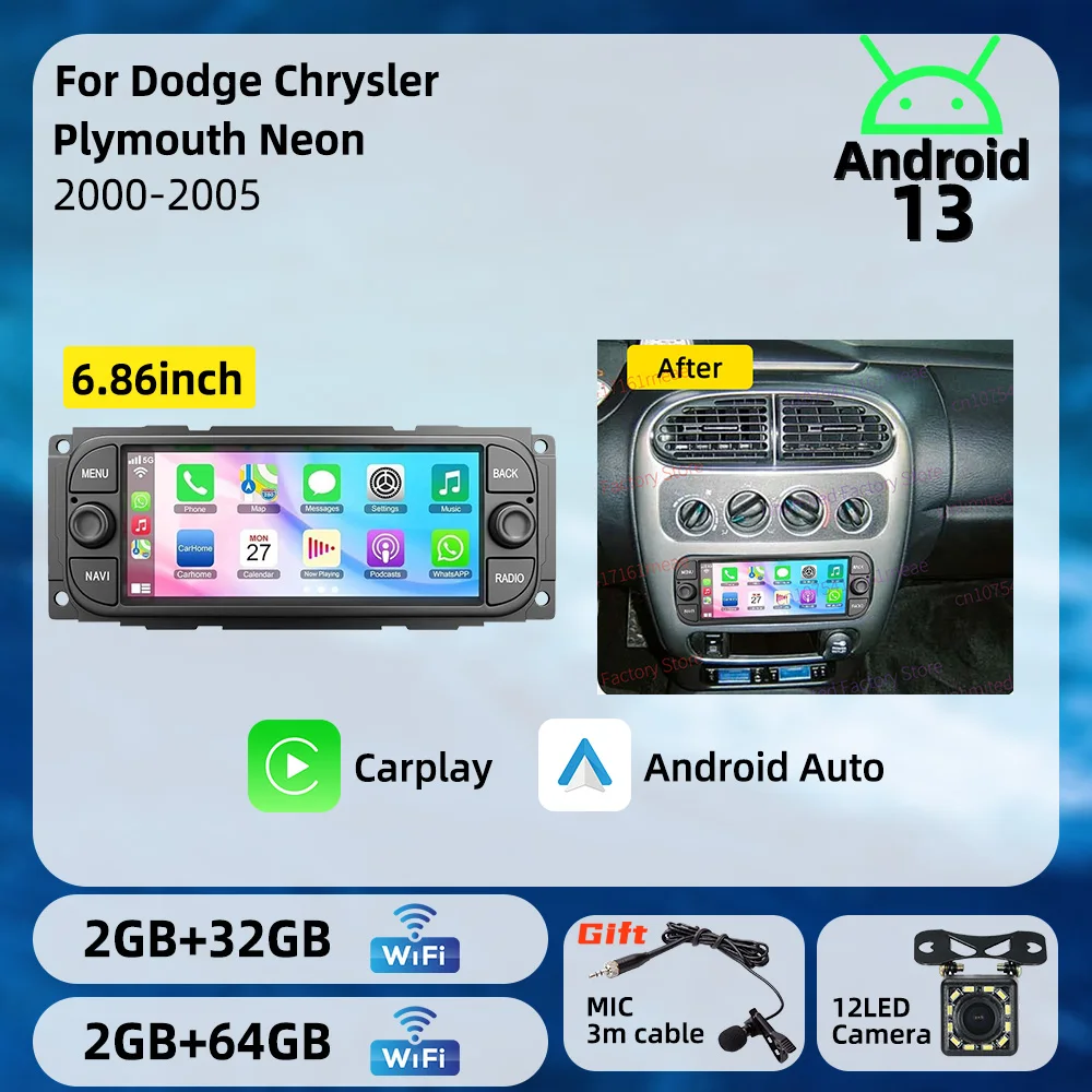 Radio Estéreo para Auto con Pantalla de 6.86 Pulgadas, Reproductor Multimedia Android para Dodge Chrysler Plymouth Neon 2000-2005, Autoradio con GPS