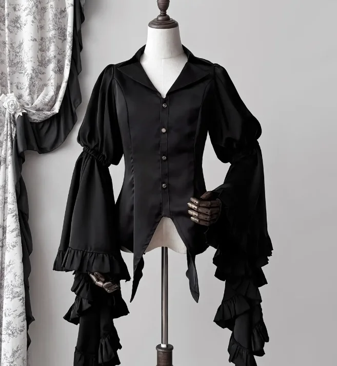 Cool Goth Lolita Shirt 2026 Summer New Ruffle Edge Horn Long-sleeve Blouse Women Slim Button-up Shirts Blusas Camisas De Mujer