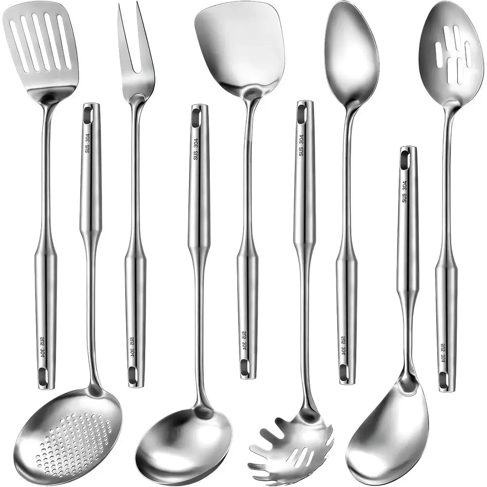 

Набор из 9 предметов кухонных принадлежностей из нержавеющей стали с деревянными ручками: ложка, шумовка, вилка, половник, лопатка, сито-шумовка.