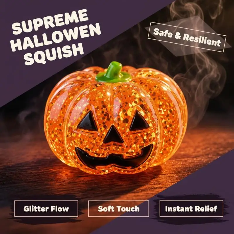 Halloween Squeeze Glitter Pumpkin Toy Soft  Stress Relief Fidget Toy for Kids Preschool Rewards Trick or Treat Gifts