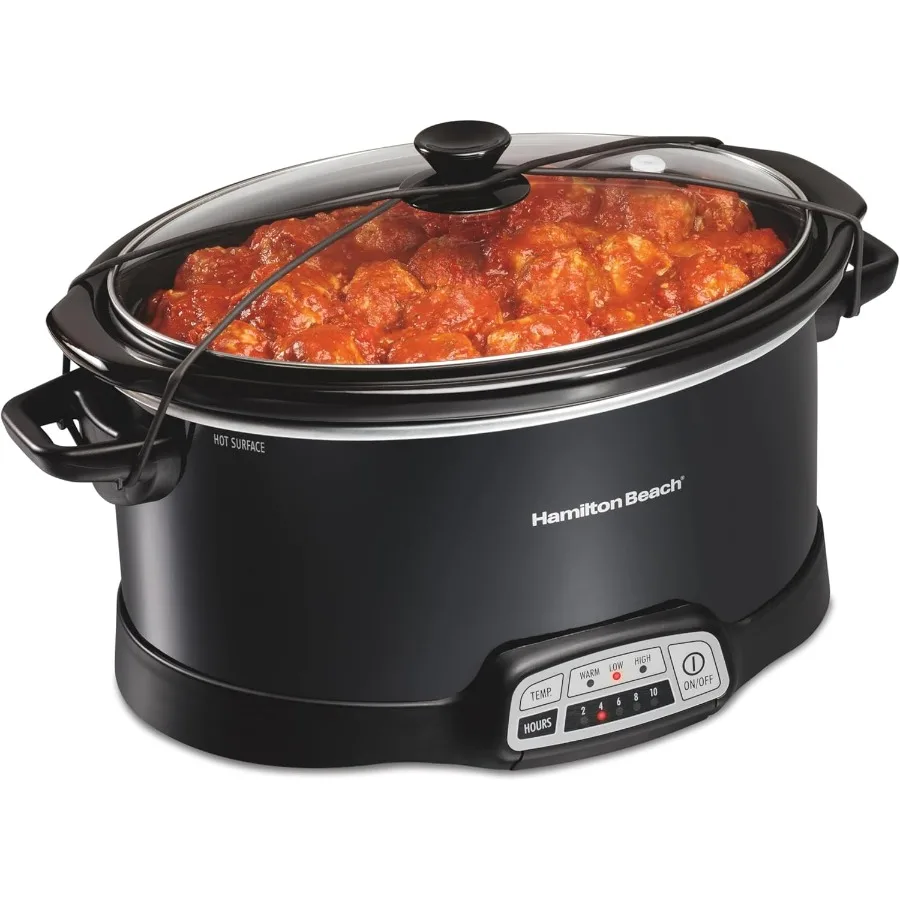 

Portable 7 Quart Programmable Slow Cooker with Three Temperature Settings Lid Latch Strap for Easy Travel Dishwasher Safe Crock