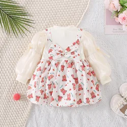 Spring and Autumn Fake Two Piece Set Girls' Dresses Baby Girl Bubble Sleeve Top Spliced Floral Large Bow Strap Dress