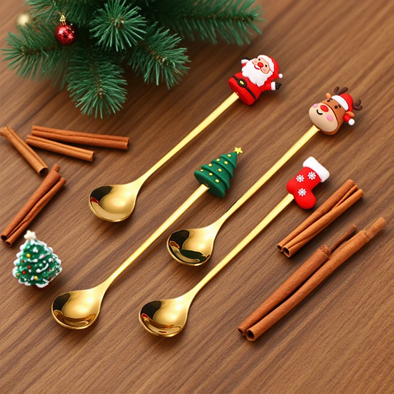 

4PCS Christmas Spoon Set Stainless Steel Creative Tableware Coffee Cake Tea Dessert Spoon for Party Home Cafe Christmas Gift