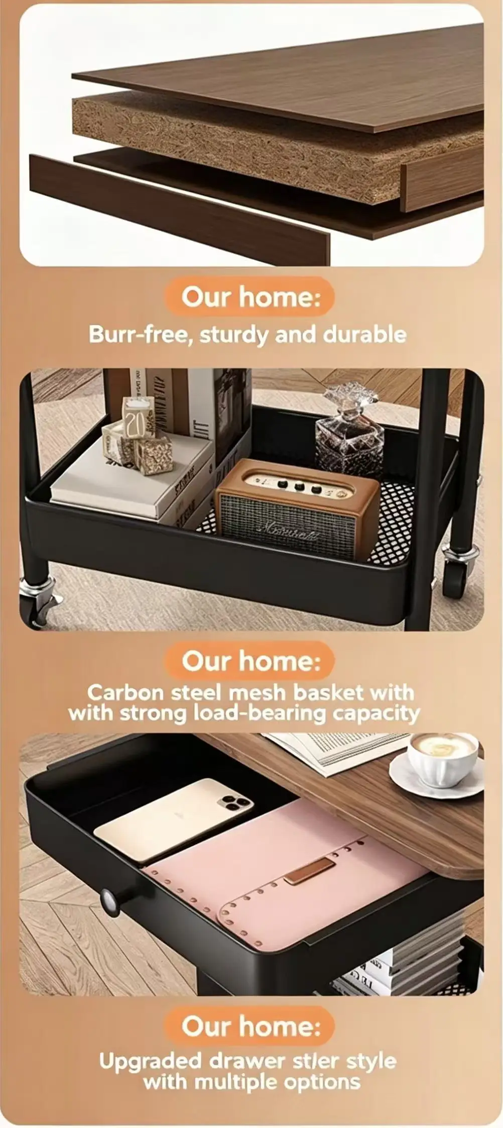 Removable Drawer Storage Rack Table Car Living Room Sofa Bedroom Storage Basket Metal Painting Triple Steel Powder Coating