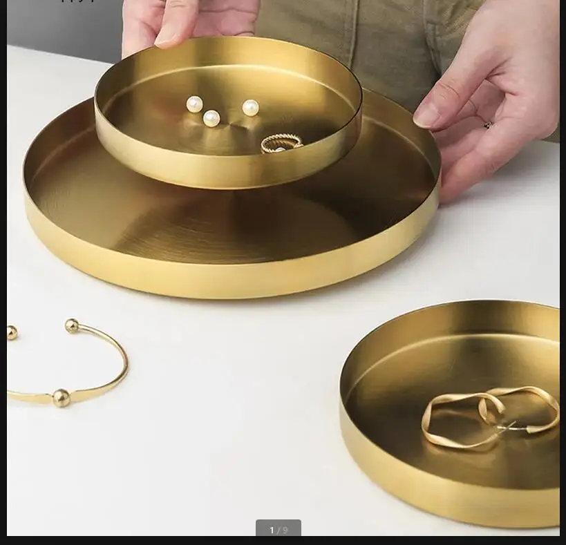 Stainless Steel Decorative Plate Round Shape Golden Metal Tray Jewelry Storage Desktop Ornaments Dessert Cake Stand