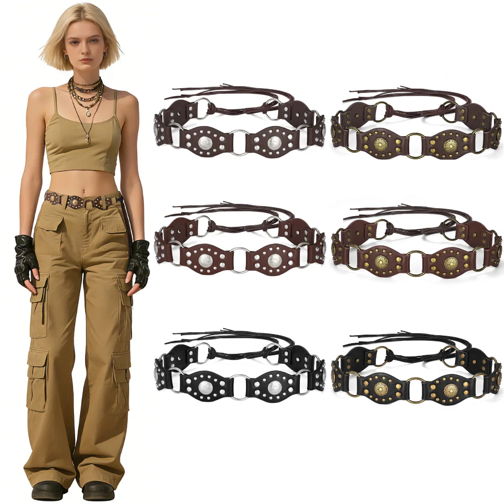

Adjustable Lace-Up Studded Waist Belt, Medieval Inspired Wide Belt with Metal Rings
