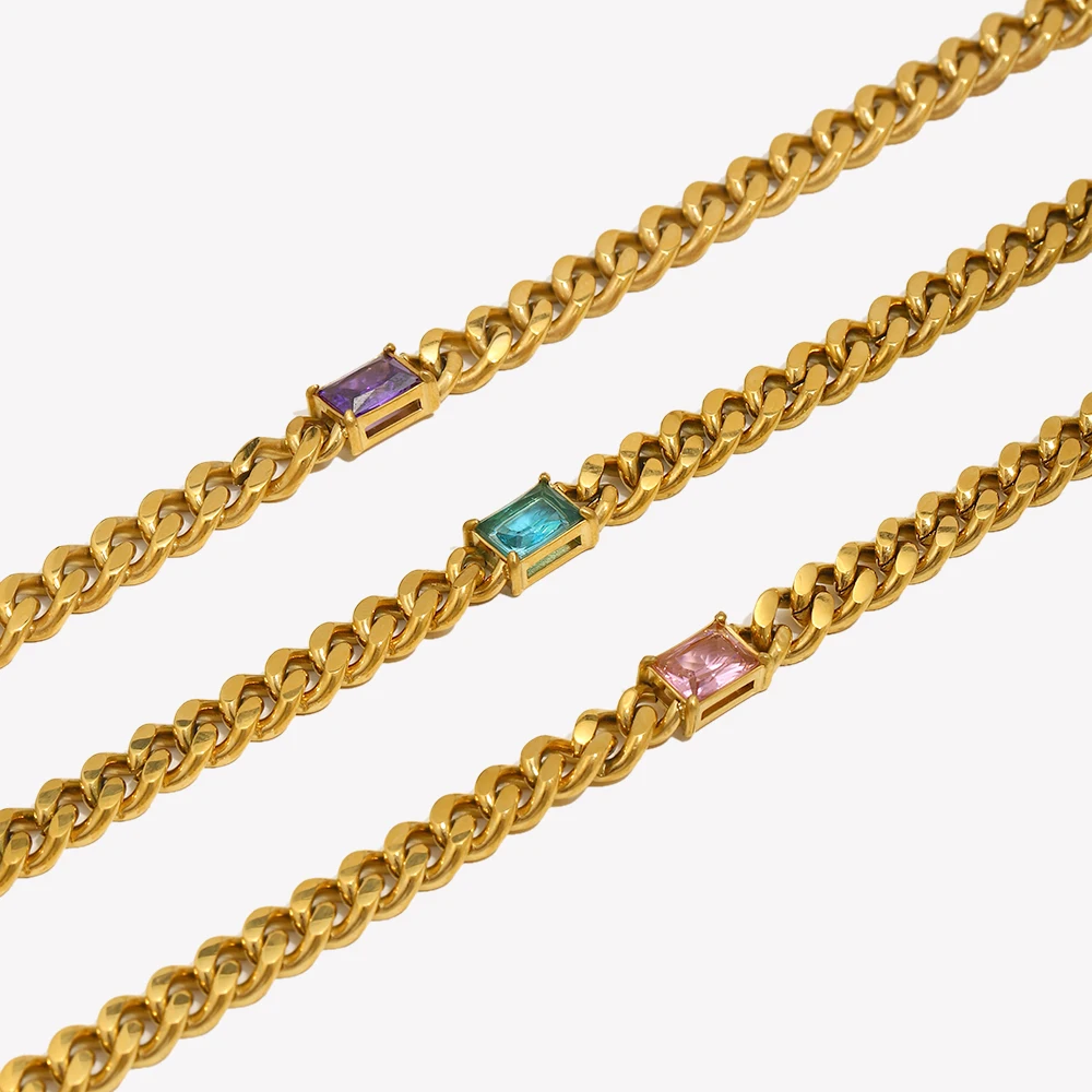 6.5mm Cuban Chain Rectangle Zircon Pendant Necklace Gold Plated Stainless Steel Chain Choker Necklaces For Woman Jewelry