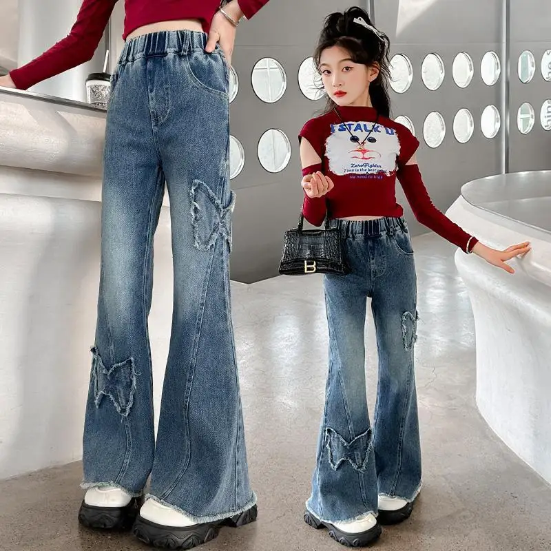 2026 new kids baby Girls spring jeans elastic child bell-bottoms butterfly pants denim autumn trousers 4 5 8 10 11 12 13 years