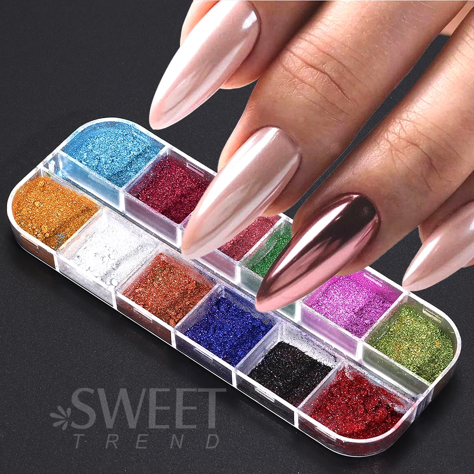 12 Grids Colorful Nail Mirror Powder Glitter Rose Gold Champange UV Gel Polish Chrome Dust Metallic Effect Pigment Decoration