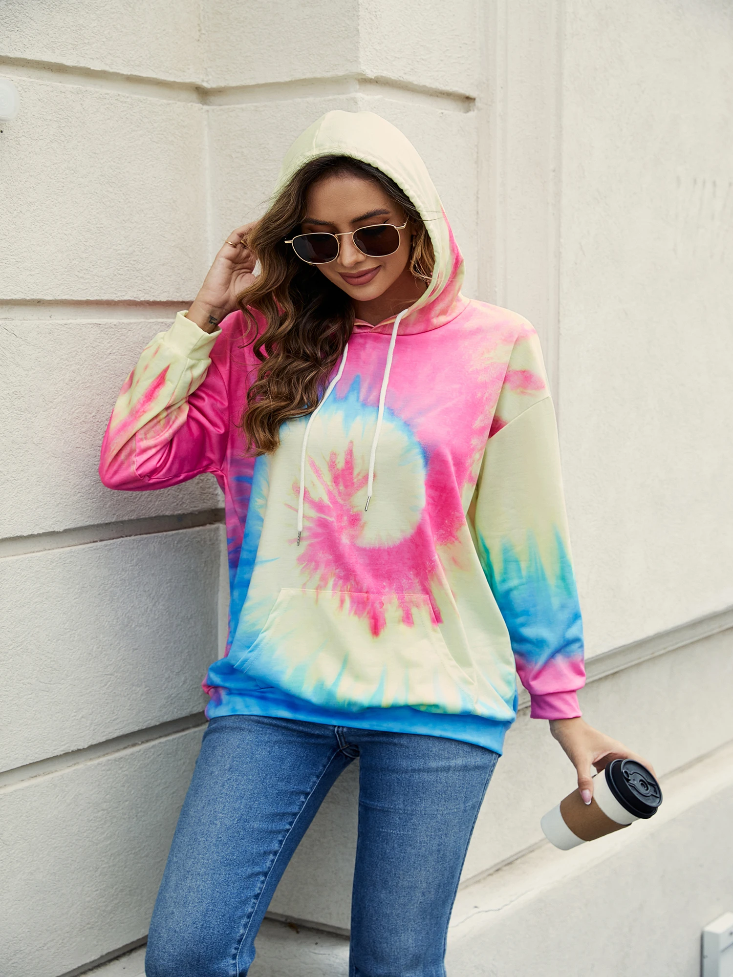 2023 Wish Cross border Spring, Autumn, and Winter New Women's Top Tie Dyed Hooded Long Sleeve Pocket Sweater in Europe and Ameri