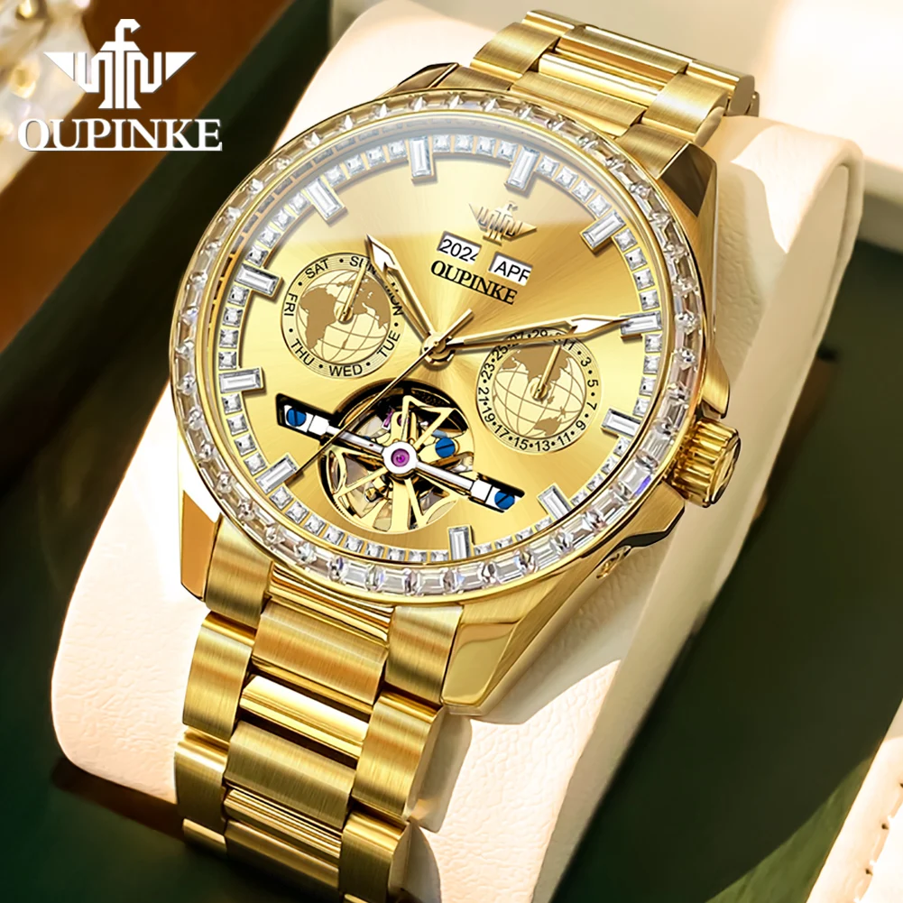 OUPINKE 3280 Mechanical Watch for Men Luxury Full Diamond Flywheel Skeleton Gold Stainless steel Date Automatic Men's Watch