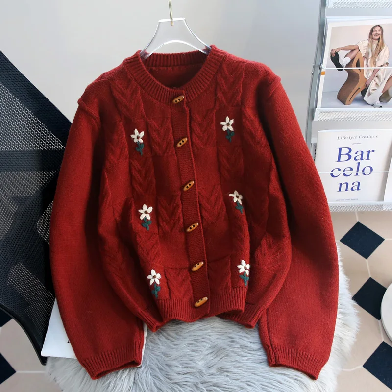 

Vintage Cow Horn Button New Year Red Sweater Cardigan for Women Autumn Spring Thick and Loose Lazy Knitted Jacket