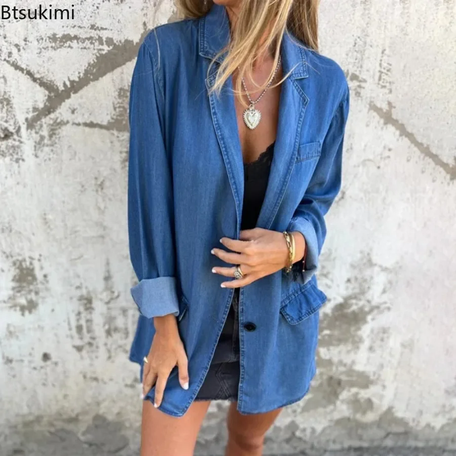 2024 Spring Autumn Women' Thin Denim Jacket Fashion Splice Vintage Loose Casual One Button Coats Ladies Lapel Cardigan Jean Tops