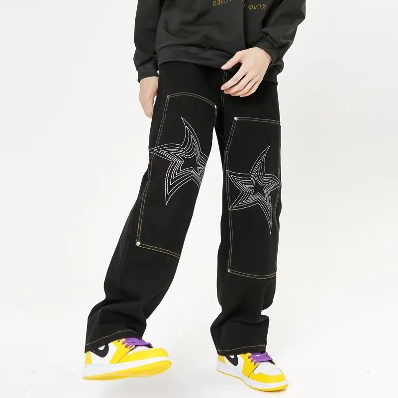 

Black Stitching Embroidery Streetwear Straight leg Pants Men Loose Casual Denim Trousers Hip Hop Harajuku Couple Pants 5048