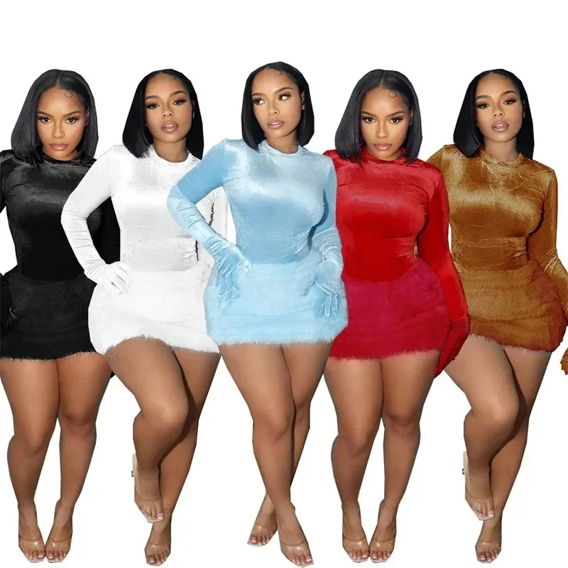 

Solid Bodycon 2 Piece Set Woman Autumn Winter Long Sleeve Bodysuit Top and Mini Skirt Club Birthday Outfits Matching Sets