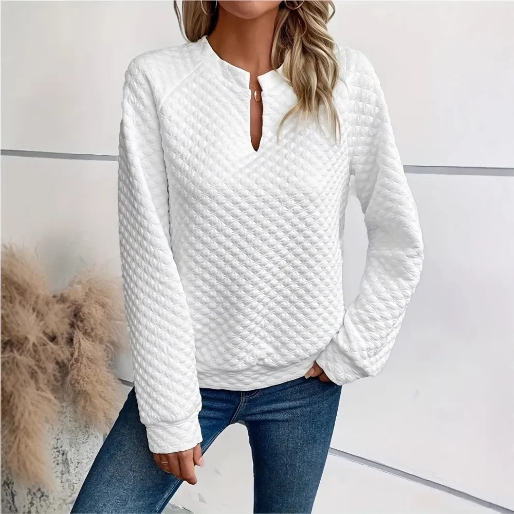 Modieuze casual wafel hoodie 2025, herfst dames effen kleur V-hals gesplitst lange mouwen dames casual sweatshirt trui