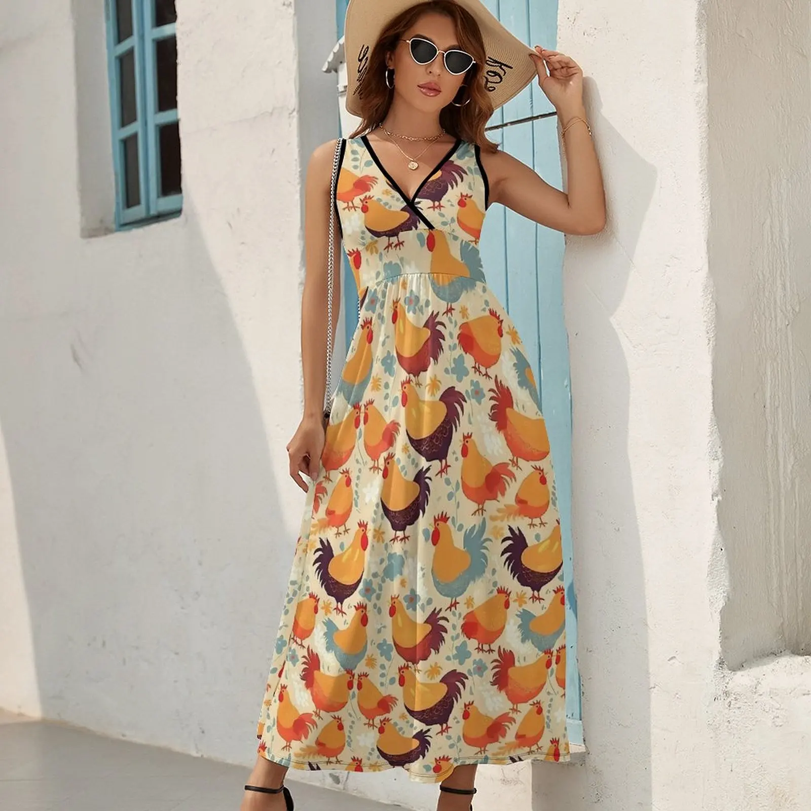 Cheerful Chickens Dress Cute Animal Trendy Maxi Dress V Neck Custom Boho Beach Long Dresses Street Wear Oversized Vestido