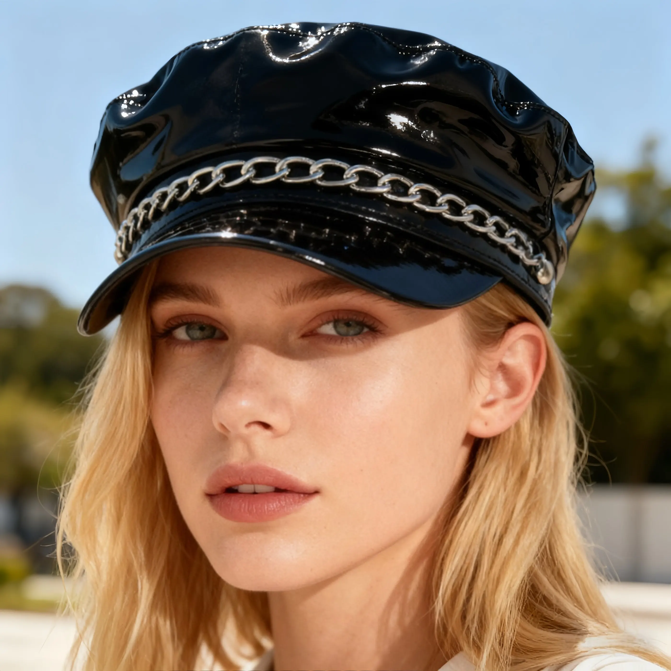 

HongLuan Laser Leather Captain Hat Rhinestone & Military Caps for Woman, Rave Festivals Accessories ＆ Party Cap Man Cosplay Fem