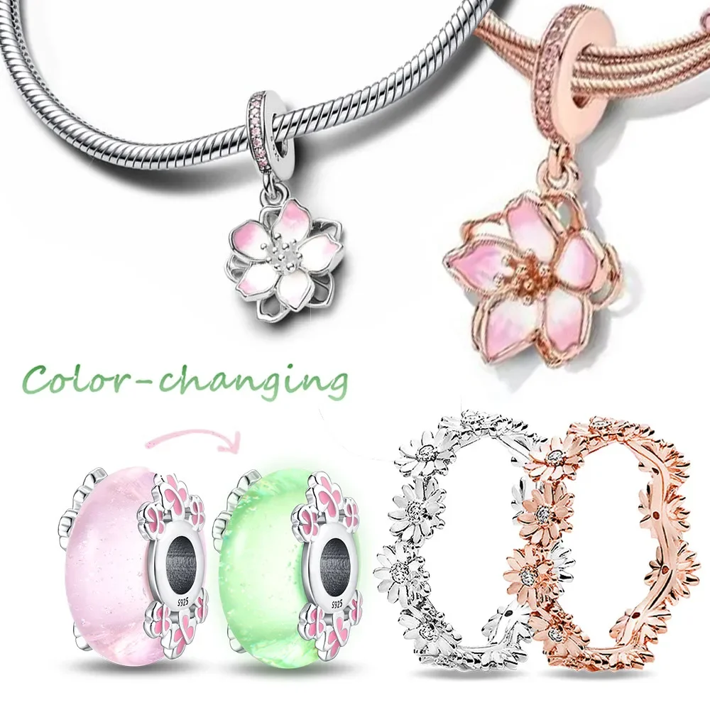 Abalorios de flor de cerezo rosa para mujer, Plata de Ley 925, anillos de flores románticos, Pulsera Original DIY, joyería fina para regalo