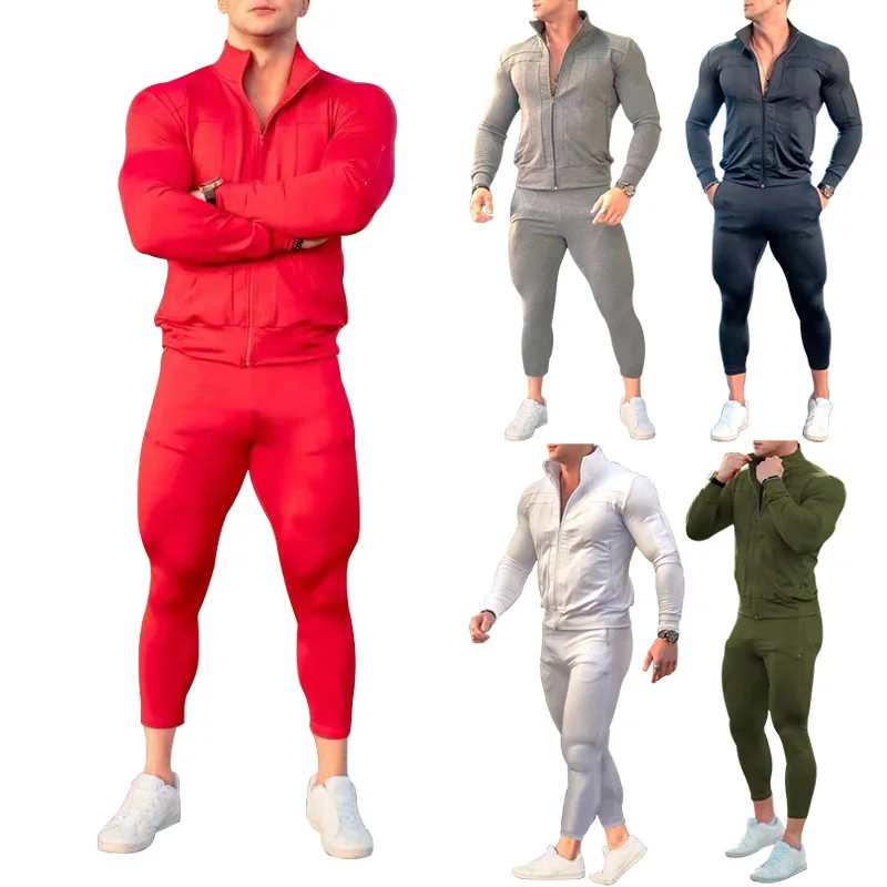 Fall Winter Casual Sportswear Mens Fitted Tracksuit Suit Sets Solid 2 Piece Sweatsuit Sets Zip Up Jacket Jogger Tracksuit Set