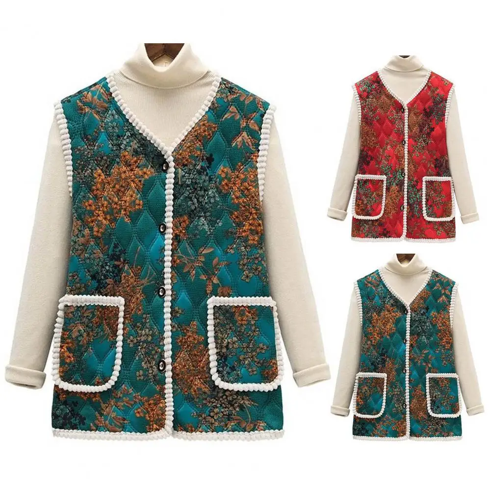 Breathable Women Vest Stylish Middle-aged Women's Floral Vest Coat Warm Windproof Fashionable Outerwear with Pockets Women Vest