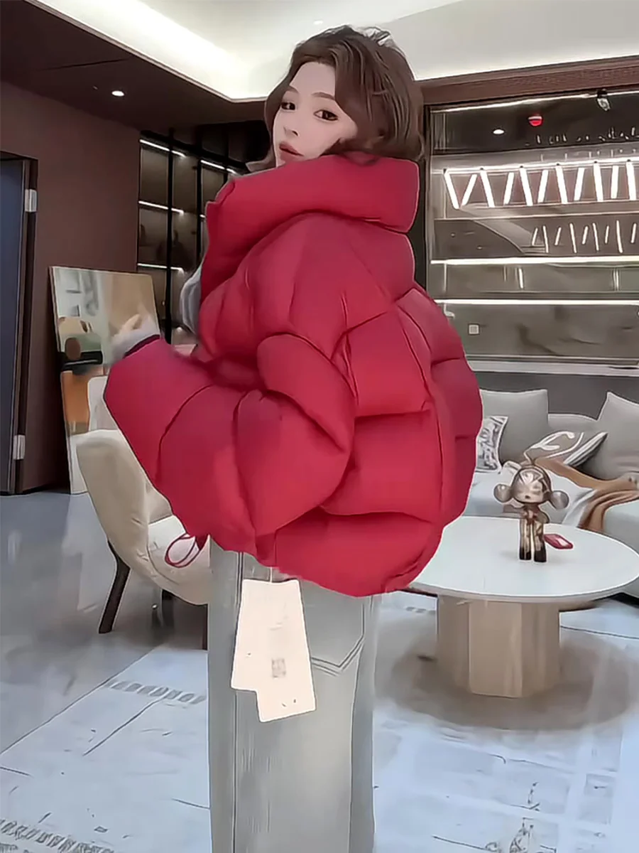 

Red Stand Collar ort Puffer Jaet Women's Winter New National Stand 90 White Du down Loose Bread Coat Thi Warm Oute...