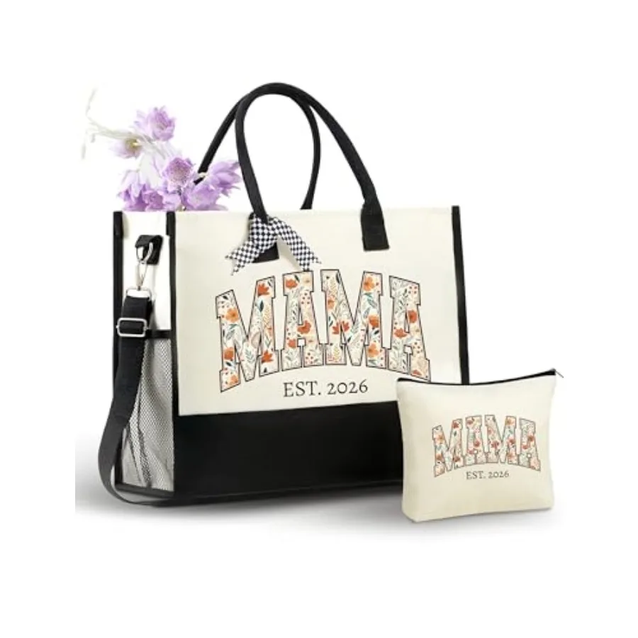 

New Mom Gifts Canvas Tote Bag, New Mama Bag with Top Zipper Closure and Shoulder Strap for Birthday, Mother's Day, Christmas -