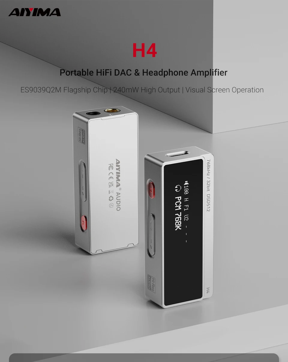 AIYIMA H4 Hifi DAC Kopfhörerverstärker mit Bildschirm USB-Verstärker Audio Hi-Res Tragbarer Verstärker ES9039Q2M Symmetrischer 4,4mm/3,5mm Anschluss – Detail 1