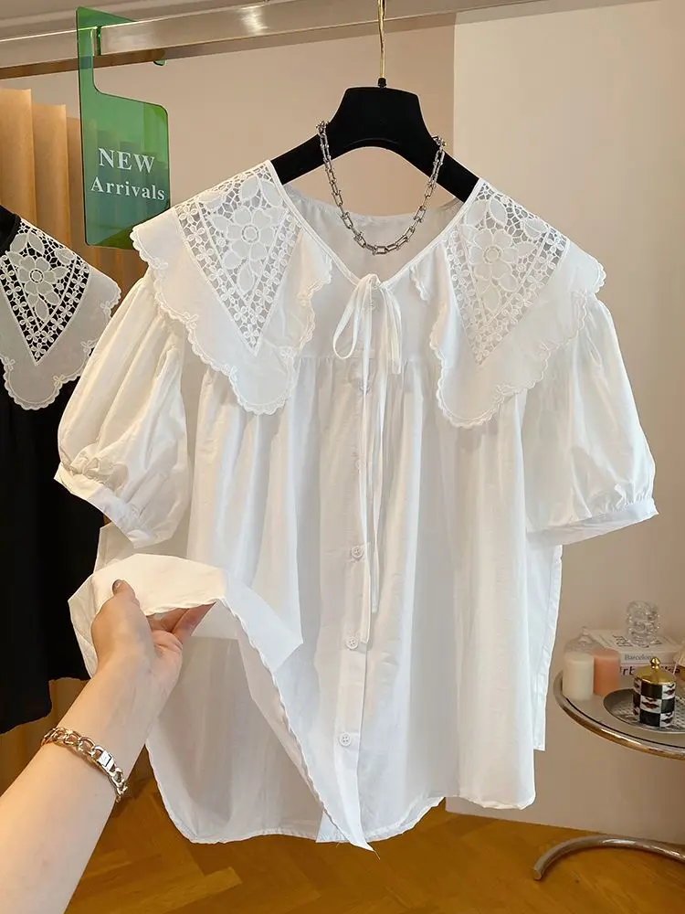 Hollow lace embroidered doll collar lace up shirt for women's spring 2024 new Korean loose fit slimming top blusas de mujer