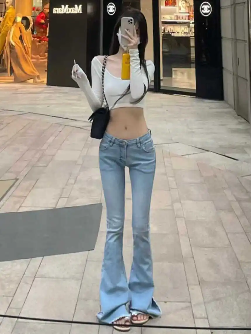 

Sexy Low Waist Tight Fit Denim Pants American Style Hot Girl Long Boots Micro Flared Jeans Women's Floor Length Trousers