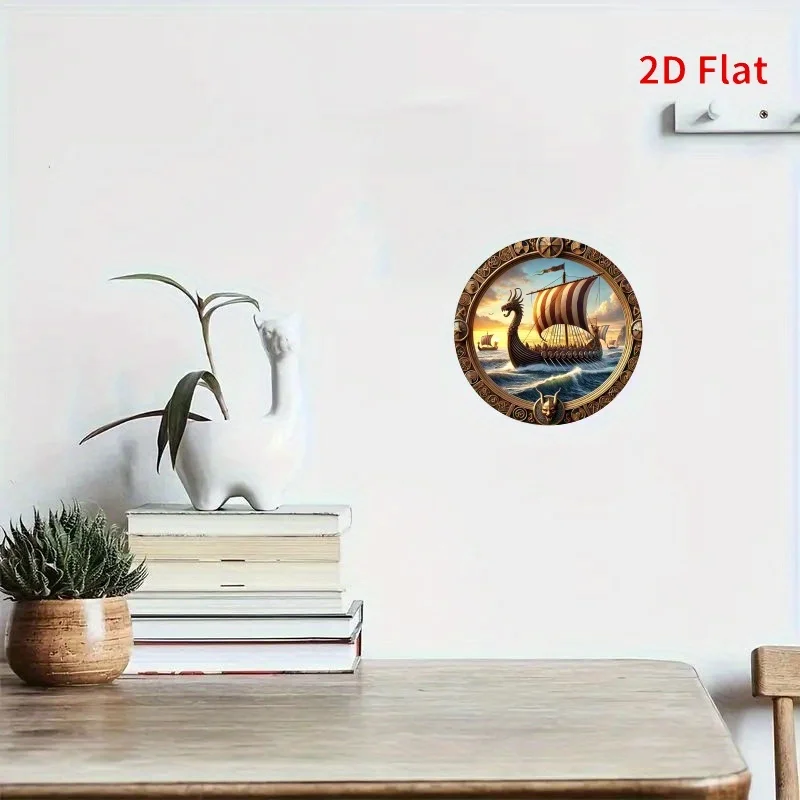Viking Ship Sunset Dragon Boat 2D Flat Aluminum Sign 7.87x7.87 Inch Vintage Round Wall Art Indoor Outdoor Cafe Bar Garden Decor