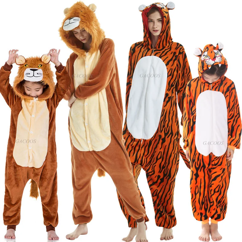 Adults Animal Onesie Kigurumi Tiger Lion Cat Costume Sleepwear Women Kids Winter Jumpsuit Panda Cartoon Flannel Couple Pajamas