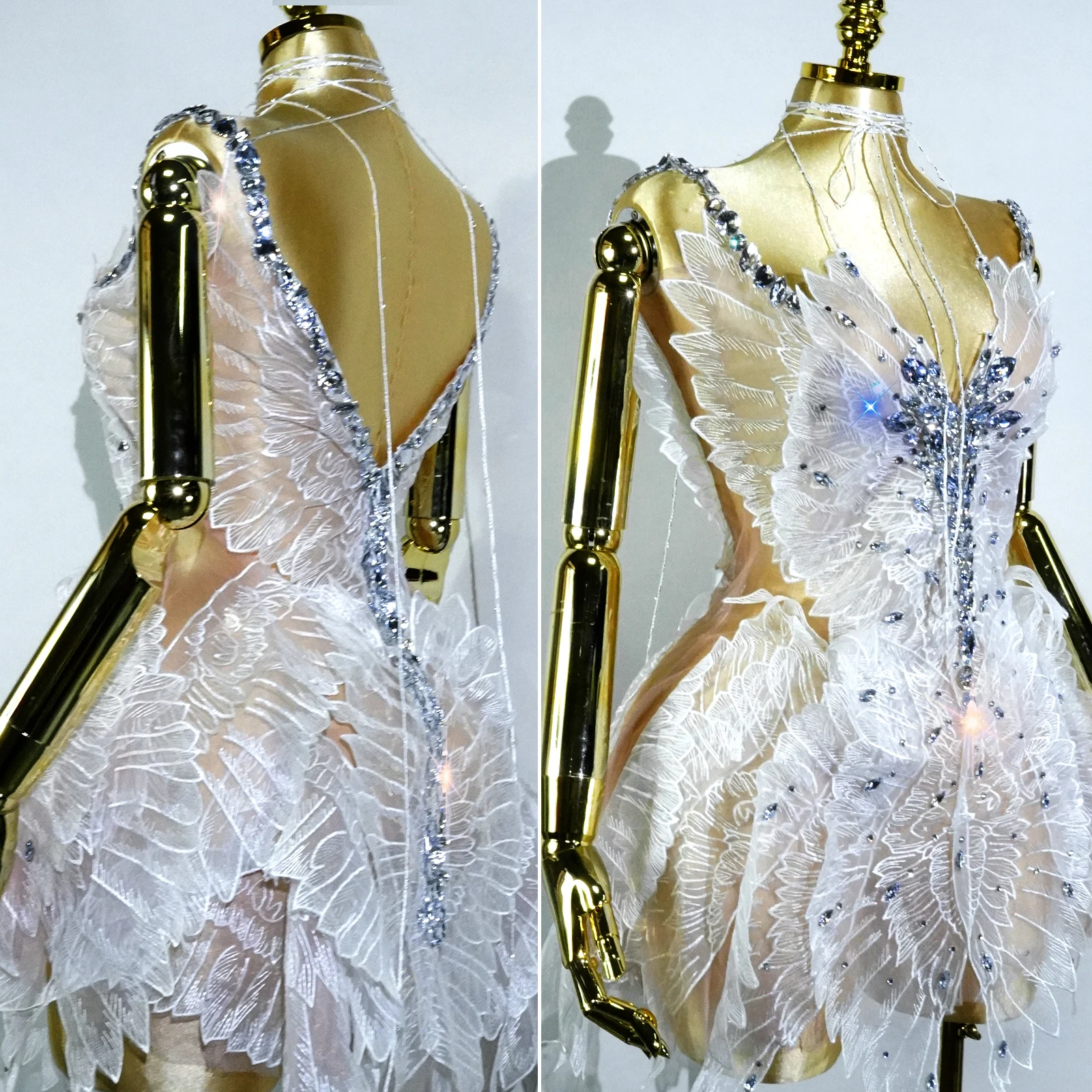 แฟชั่น Rhinestones ชุดผู้หญิงสีขาวเซ็กซี่ตาข่ายโปร่งใสมินิชุดวันเกิดไนท์คลับฉลองเครื่องแต่งกายประสิทธิภาพ